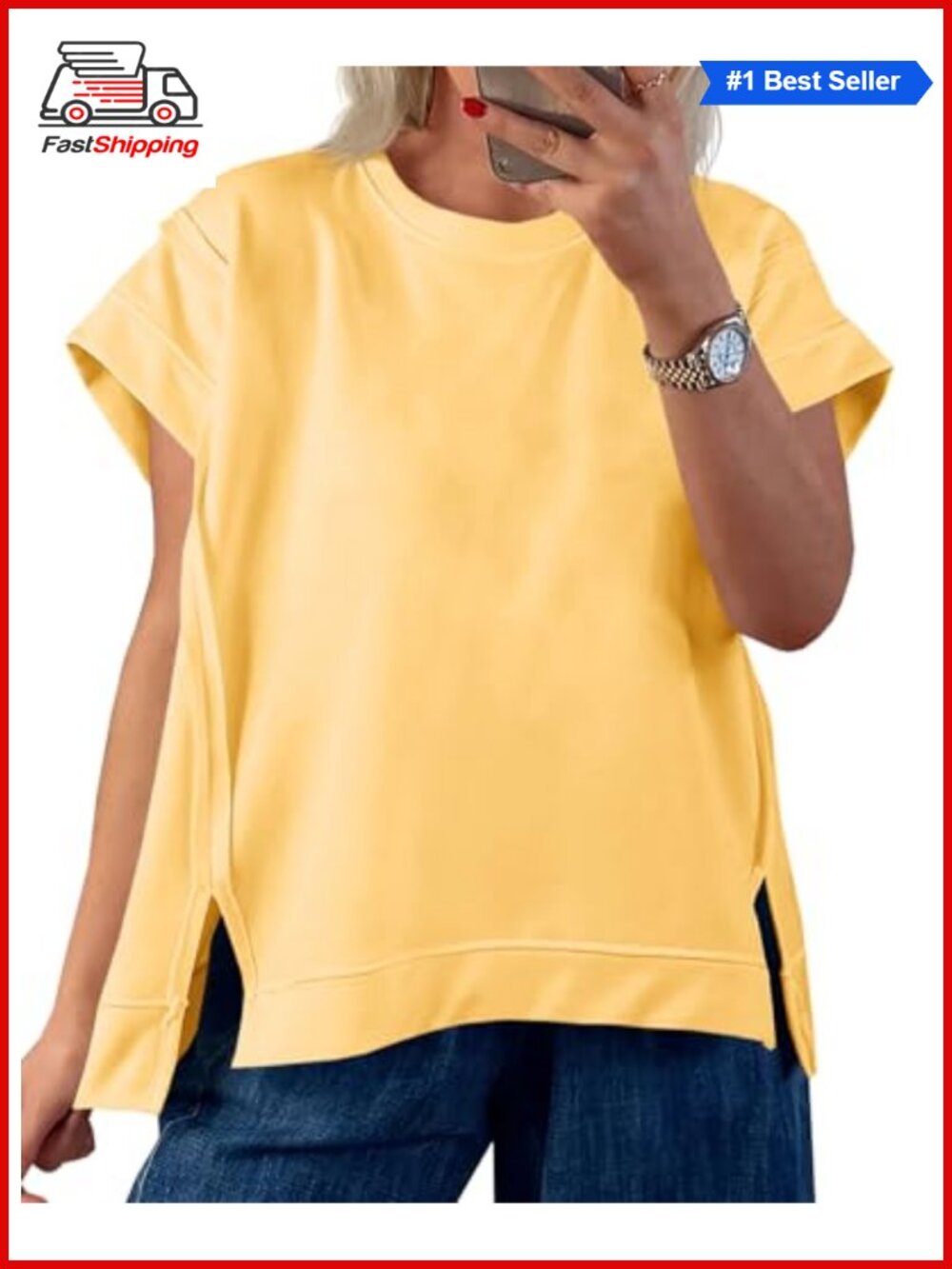 Women's Oversized Cap Sleeve T-Shirt Side Slit Loose Summer Tee